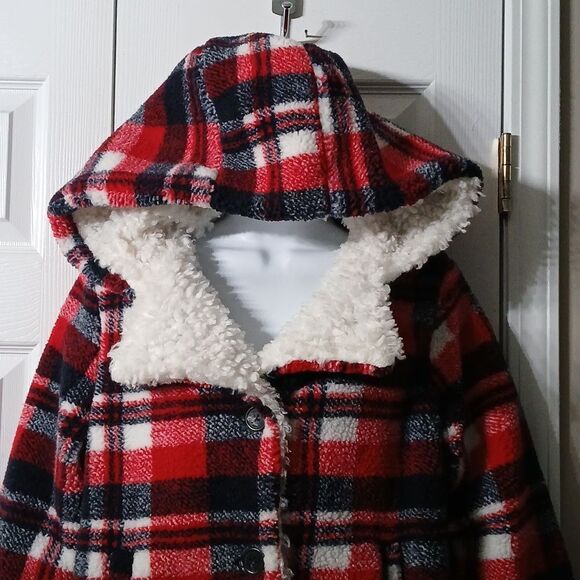 Steve Madden Red Navy Plaid Fleece Faux Fur Sherpa Lined Hooded Coat Sz S NWOT - Picture 3 of 10